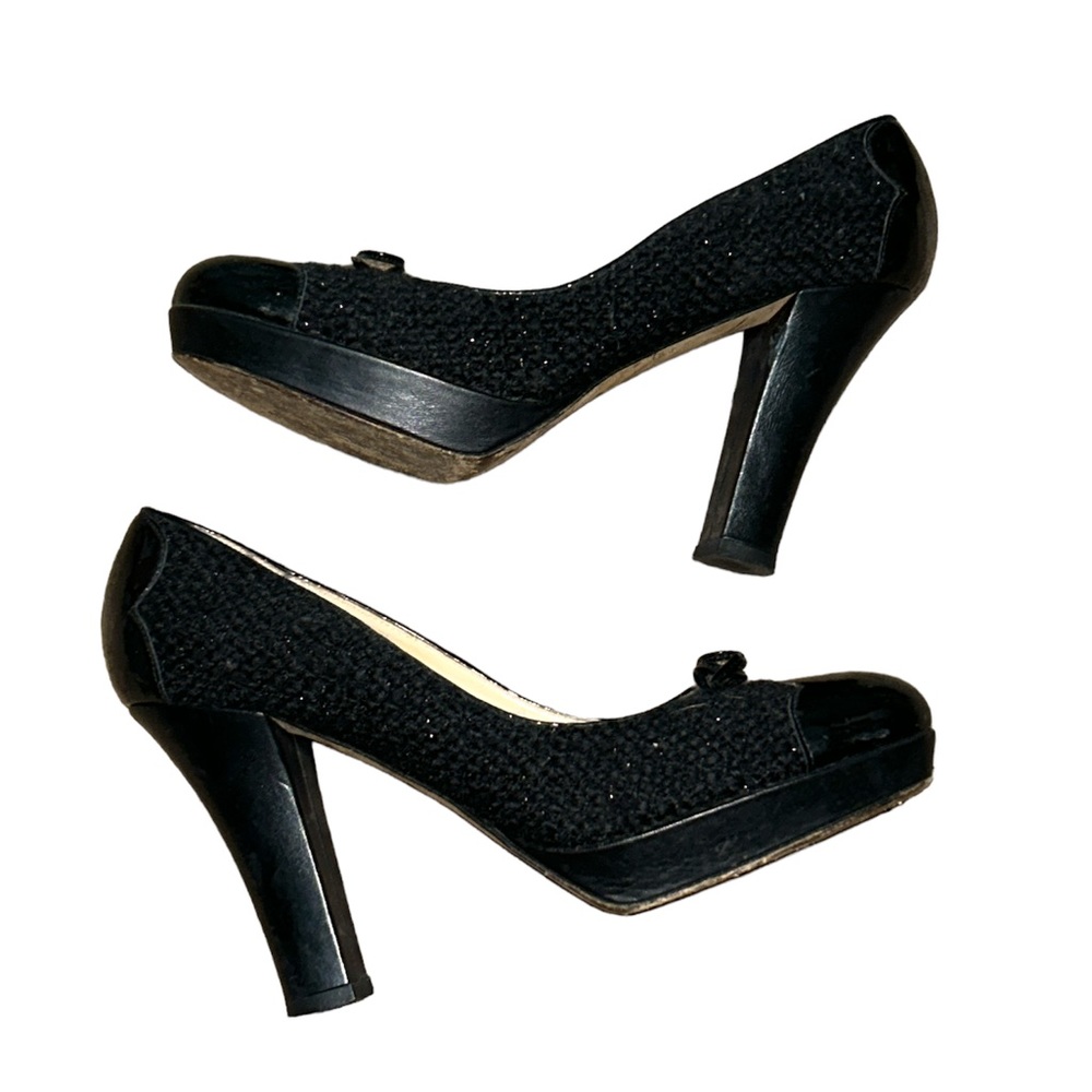 KATE SPADE Black MARLENA block heel tweed 7 1/2 bow
